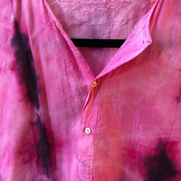 80s Vintage Indian Import V-Neck Tunic – Hand Dyed Pink, Red, Black size L - Picture 5 of 6